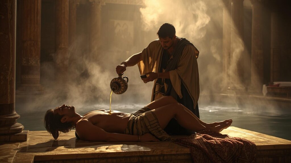 a roman bath house, with a warm skin treatment being poured from a jug by a servant onto the warrior a roman bath house, with a warm skin treatment being poured from a jug by a servant onto the warrior
